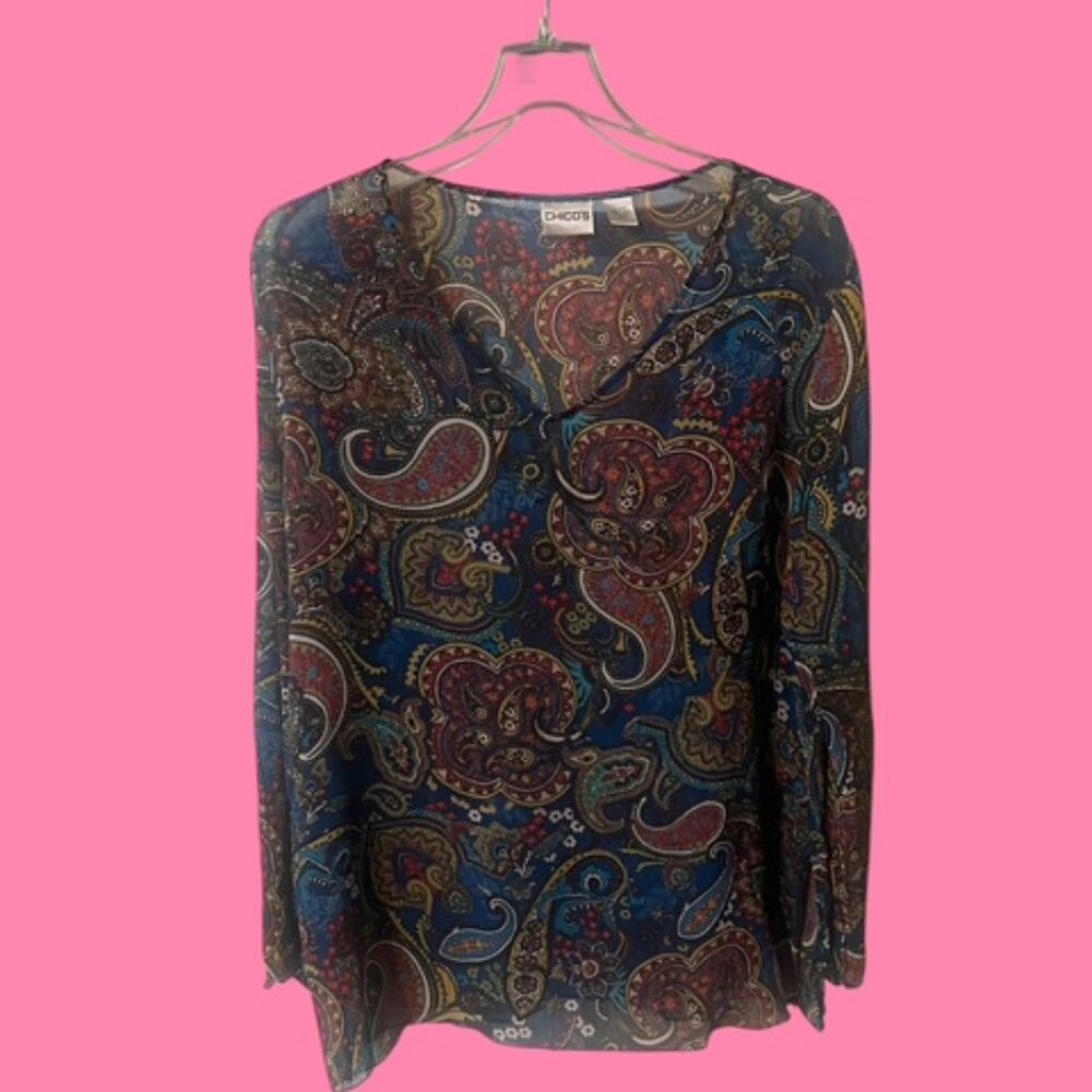 CHICO'S Silk Paisley Long Sleeve Blouse